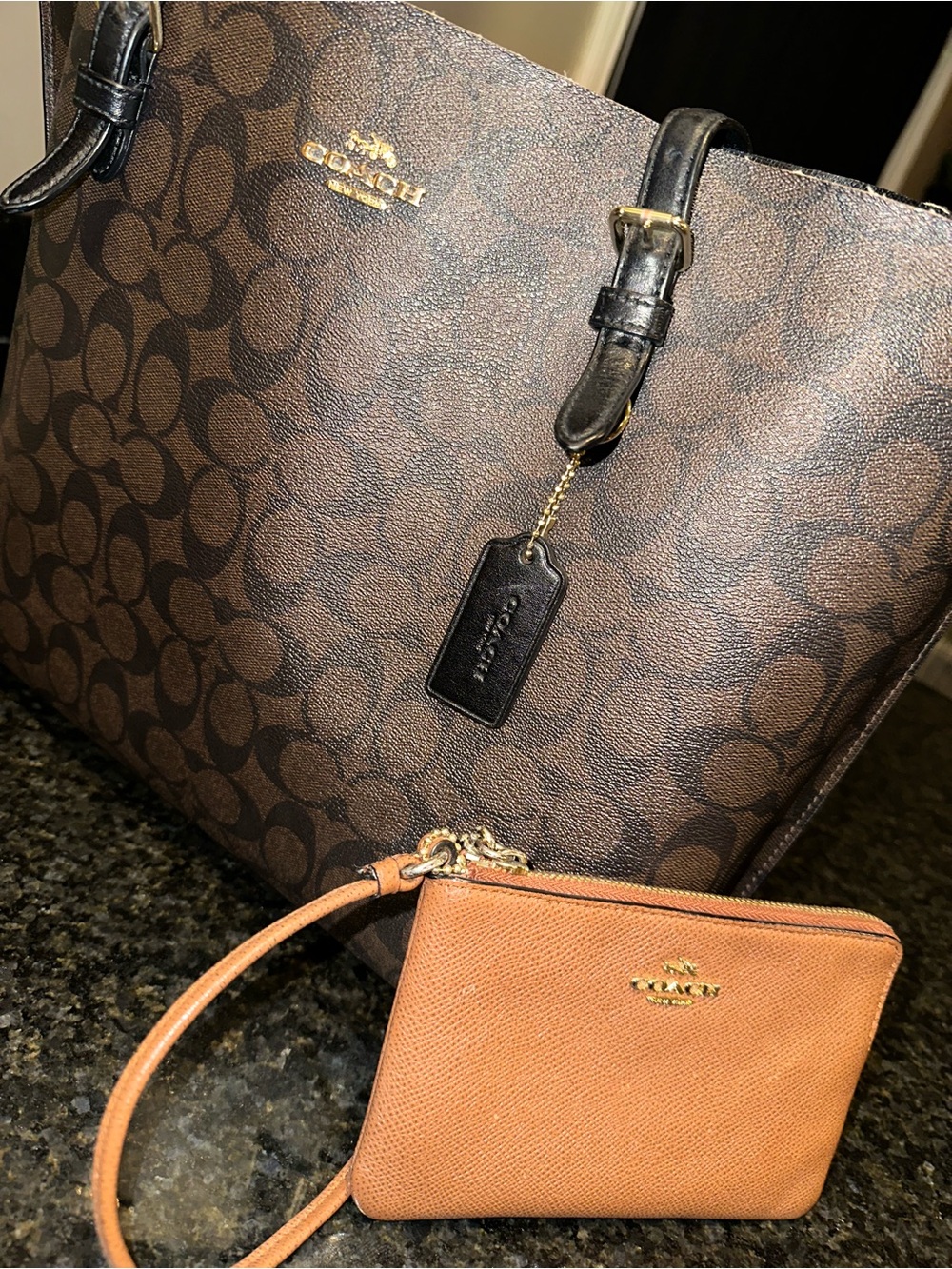 Coach Signature Canvas Tote with Tan Leather Wristlet - Brown & Tan